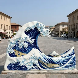 A white and blue marble sculpture of The Great Wave off Kanagawa in the middle of an Italian piazza, midday, 4k photograph, sunny day, long shot, overhead view, far away
