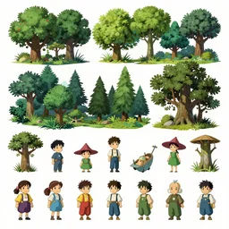 a forest kitbash scenario  game asset pack to kitbash. Transparent background, omg,  4k, spritesheet Ori and the blind forest. Ghibli studio