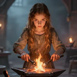 idealistic portrait of a young girl working in a blacksmith's forge, clear eyes, fair skin, beautiful hair, tools in her hands, fantasy art, fire, 8 k digital art, unreal engine, far away, in the style of alexander jansson fra angelico and h. r. giger,