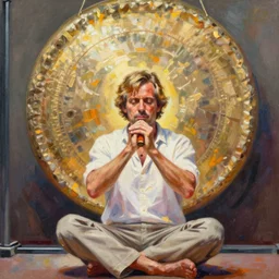 acrylic painting, portrait of James Coburn in lotus position banging a large gong by Robert Maguire