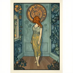 a lonely girl in a liminal room, colored woodcut, poster art, by Mackintosh, art noveau, by Ernst Haeckel