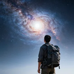 a man wearing a backpack looking at the universe