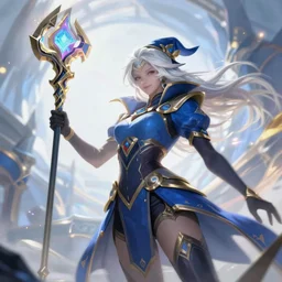 a white-haired witch holding a gnarled staff, glowing iridescent accents, digital apex legends illustration portrait, gorgeous lighting, wide angle action dynamic portrait, art by Josan Gonzalez, blue and gold palette, high contrast