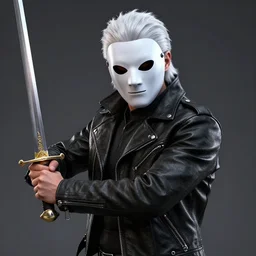 professional render of man with a black leather jacket, white mask with two black marks in the eyes, white hair, holdind a sword!! studio lighting, very detailed, unreal engine, hight quality render!!!!, professional lighting, good composition, rule of thirds, winning award render, realistic, hot toys, full render shot