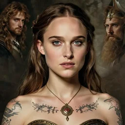 young natalie portman, battle warrior, lord of the rings, tattoos, decorative ornaments, by carl spitzweg, ismail inceoglu, vdragan bibin, hans thoma, greg rutkowski, alexandros pyromallis, perfect face, fine details, realistic shading, photorealism