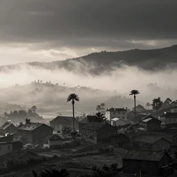 misty landscape of armenia quindio with houses and some wax palms, flcl style, minimalist, japanese art, emo goth phone wallpaper