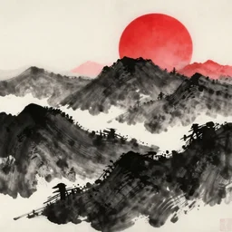 japanese ink painting,'round red sun '!!!, black mountains, ukiyo - e