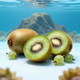 underwater photography of kiwi fruit and gooseberry fruit in front an underwater mountain,