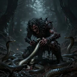 person being eaten by snakes, dark souls screenshot, epic, atmospheric, nightmare, horror, decay, terror, agony, demonic, hellish, satanic, 8 k