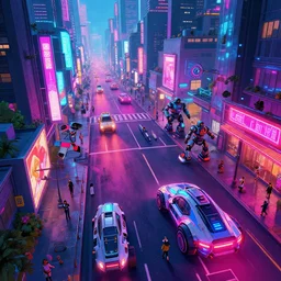 exterior shot, ready player one, city streets , cityscape  , scifi futuristic vehicles, robots  , people  , neon lights, james gurney, katsuhiro otomo, james paick, cinematic lighting, artstation, vibrant nature, anime style, Craig Mullins, Greg Rutkowski, Pete Morbacher, Tuomas Korpi, tekkon kinreet, volumetric light, artstation, , octane render, redshift render, high angle camera, HDRI