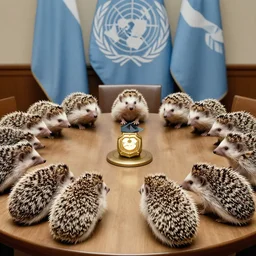 hedgehogs sitting at a round table, a peace treaty sits in the middle of the table, historic photo, united nations