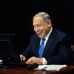 benjamin netanyahu hysterically laughing at computer screen, in office, alone, black background, by norman rockwell, greg rutkowski