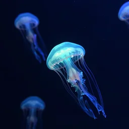 several tropical fish and beautiful crown jellyfish in very deep sea, glowing their light in weak uv lighting