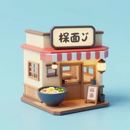 outside view of cute miniature 3 d ramen shop, studio gibli, hayao miyazaki, clean, low poly art, very detailed, isometric view, trending on artstation, trending on behance low poly, global illumination,