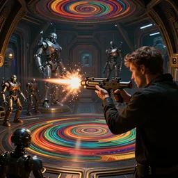 man shoots a blaster, he fires a blaster at the murmurs of murderers, more robots, perspective, spaceship room, ultra clear detailed, face, in detail, dark room, side profile centered, by artgerm, cushart krenz, greg rutkowski, james jean. art nouveau. gloomhaven, swirly vibrant ripples, gaudy colors, sharp edges.. 8 k. elegant, intricate, golden ratio, octane render