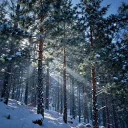 portrait of pine trees in a forest during a blizzard. shadow and light. rays of light. energetic, dynamic, lively, detailed, intricate, complex. fine art by hayao miyazaki, akira toriyama, makoto shinkai, and ohara koson. studio lighting. tilt and shift lens. bokeh.