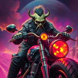 cinematic action shot of an apocalyptic scifi orcish biker character riding a nuclear powered motorcycle, psychedelic vibrant colors, highly detailed blacklight airbrush oil painting by michael whelan art, futuristic punk rock fashion, perfect face, sharp focus, detailed eyes, realistic, studded leather jacket, 8 k cover art