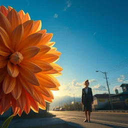 closeup giant dahlia flower head, girl in a suit on a street, surreal photography, blue sky, sunrise, dramatic light, impressionist painting, digital painting, artstation, simon stalenhag