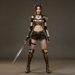 full body photo of a skinny female steampunk warrior