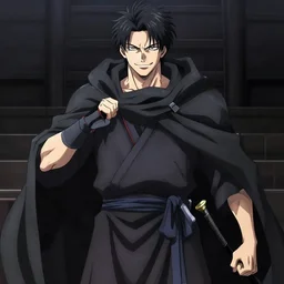 the god of suffering, worn cloak, high quality, anime art, intimidating pose, confident, smiling