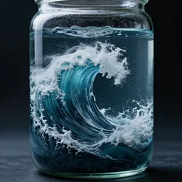a close up studio photograph of a tsunami in a jar, with the water swirling around menacingly. dramatic lighting, edited in adobe lightroom.