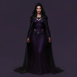 Fantasy portrait, Necromancer, female, detailed face, dark garments, dark pruple robes, midriff, Black cloak from neck to ankles, pin-up, matte painting, artstation