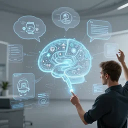 Trending on Artstation by Syd Mead. Ideas represented within thought bubbles and symbolic pictograms.  Somebody using a holographic 3d mind map within a room-space. User interface. Award-winning. UX/UI. User experience. Natural intuitive expressive. Multi-layered. Graspable. Easy. Complex.