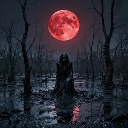 swamp of black sludge, overflowing with curses and grudges, hatred, despair, full red moon