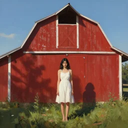 hyper realistic detailed digital painting of a young woman in the shadow! of a red barn!. black hair, white dress, sharp focus, art by eddie mendoza, wide angle.