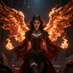 young vampire princess witch summons with burning wings 4 k high definition dramatic lighting artstation trending path traced contrast light and dark cinematic breathtaking by dore, gustave