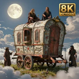 gypsy caravan by paolo eleuteri serpieri and tomer hanuka and chesley bonestell and daniel merriam and tomokazu matsuyama, clouds, moon, sun, unreal engine, high resolution render, featured on artstation, octane, 8 k, highly intricate details, vivid colors