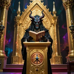 cthulu's grimoire on podium with a golden chapel background, demonic preacher reading grimoire on podium in the golden chapel 4 k 8 k artstation trending realistic high quality cinematic dramatic lighting colorful lovecraftian horror dark and light contrast magic alchemy symbolic by hans zotzka