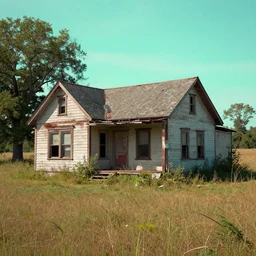 old 6 0 s house in decay in the middle of a field, realistic, vaporwave pixel sorting