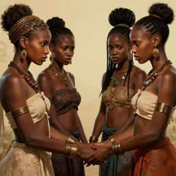 beautiful Zulu goddesses holding hands, focused, worried, highly detailed, artstation, concept art, sharp, illustration, art by artgerm and Simon Stålenhag