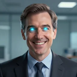 professor with glowing eyes looks at you and grins at you, digital art