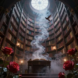 magic library, dreamy, smoke, birds, roses, fairy tale, evening lights, highly detailed, low angle view, artstation, mysterious, comfort, in the style of aetherpunk