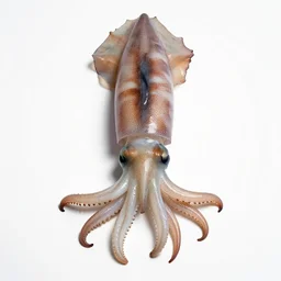 striped squid, high detail photograph, full body, isolated on a pure white background, centered, entire subject in frame, sharp focus, soft studio lighting