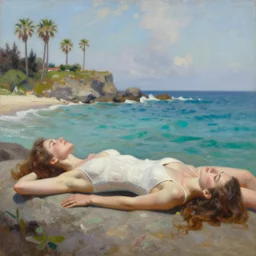 a beautiful woman in a swimsuit lays by the pacific sea, turquoise waters and palm trees, extremely detailed oil painting, sargent and leyendecker, savrasov levitan polenov, bruce pennington, tim hildebrandt, digital art, landscape painting, trending on artstation, masterpiece