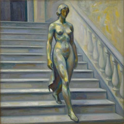 impressionist painting of a statue of something unrecognizable walking up the stairs