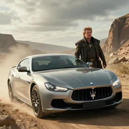 Jeremy Clarkson and a Maserati (2015), an epic fantasy, dramatic lighting, cinematic, establishing shot, extremely high detail, photorealistic, cinematic lighting, artstation, by simon stalenhag, The Elder Scrolls III: Morrowind, the Nerevarine drives across Morrowind