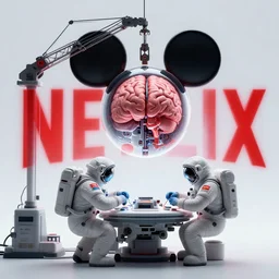 graphic art of dystopian futuristic 1 0 mechanic surgeons astronauts, operate on a mickeymouse!!!!!!!!!!!!!!!!!!!!!!!!!!!!!!!!!!!!!!!! head float brain exposed, held by a crane. ominous glowing red netflix!!! logo in the background, trending on art station, beeple!!!!, clean concept art, smooth, octane render, minimal