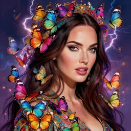 a portrait of megan fox consisting of colorful butterflies, intricate, vibrant colors, glowing light, ambient lightning, digital painting, highly detailed, ray tracing, digital painting, artstation, concept art, smooth, sharp focus, illustration, art by artgerm and greg rutkowski and alphonse mucha, 8 k