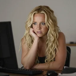 young britney spears doppelganger with super long blonde curly hair sitting at a computer, english background, anxious, self sabotage