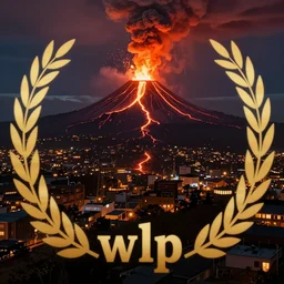 > volcano erupting in the distance with lava flowing through the city, at night, by wlop, cozy, death by fire, warm colors, key visual, high detail