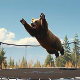 bear jumping off a trampoline, realistic, detailed,