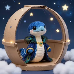 a finely knit bipedal starry night blue snake plush doll, wearing peacock feather mage robes with gold accent jewelry, inside a handcrafted cardboard observatory to look at the hand painted night sky full of glittery star stickers and glow in the dark star stickers, adorable, charming, macro camera lens, well lit, cinematic, real life, led lights, cotton clouds