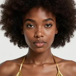 close up of face of a black woman with afro in a gold bikini, cyberpunk art by bruce onobrakpeya, cg society contest winner, afrofuturism, daz 3 d, futuristic, y 2 k aesthetic, official vogue editorial