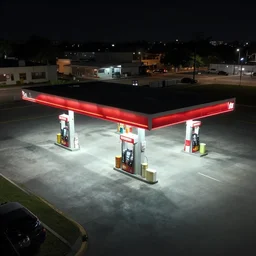 miami empty gas station background by simon stalenhag, dark night, sharp focus, digital art, 4 k, octane, high contrast, drone view