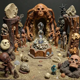 diorama of fossils, weird cosmology, occult abiogenesis, hyper - detailed, plastic, rubber, wood, glass, play - doh, realistic materials, 4 k, octane render, daylight, fujifilm velvia 5 0, color photography, sigma 2 8 mm,