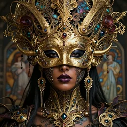 hyperrealistic detailed portrait of a beautiful dark goddess in an intricate golden ornamental ritual mask, intricate cyberpunk make - up, insane details, art by ernst haeckel, nekro borja, android jones, alphonso mucha, gothic - cyberpunk, ornamental, beautiful deep colours,